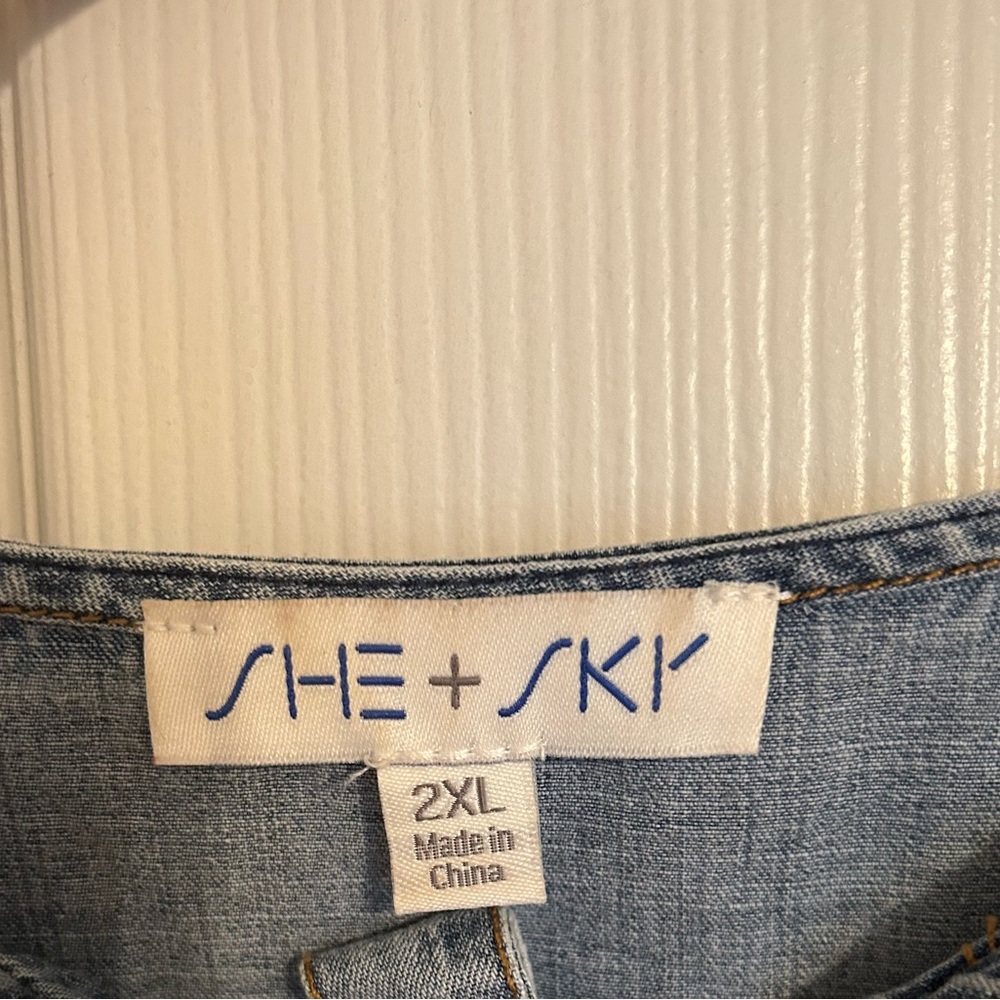 She + Sky Light Wash Denim Tie-Front Peplum Top - Picture 4 of 4
